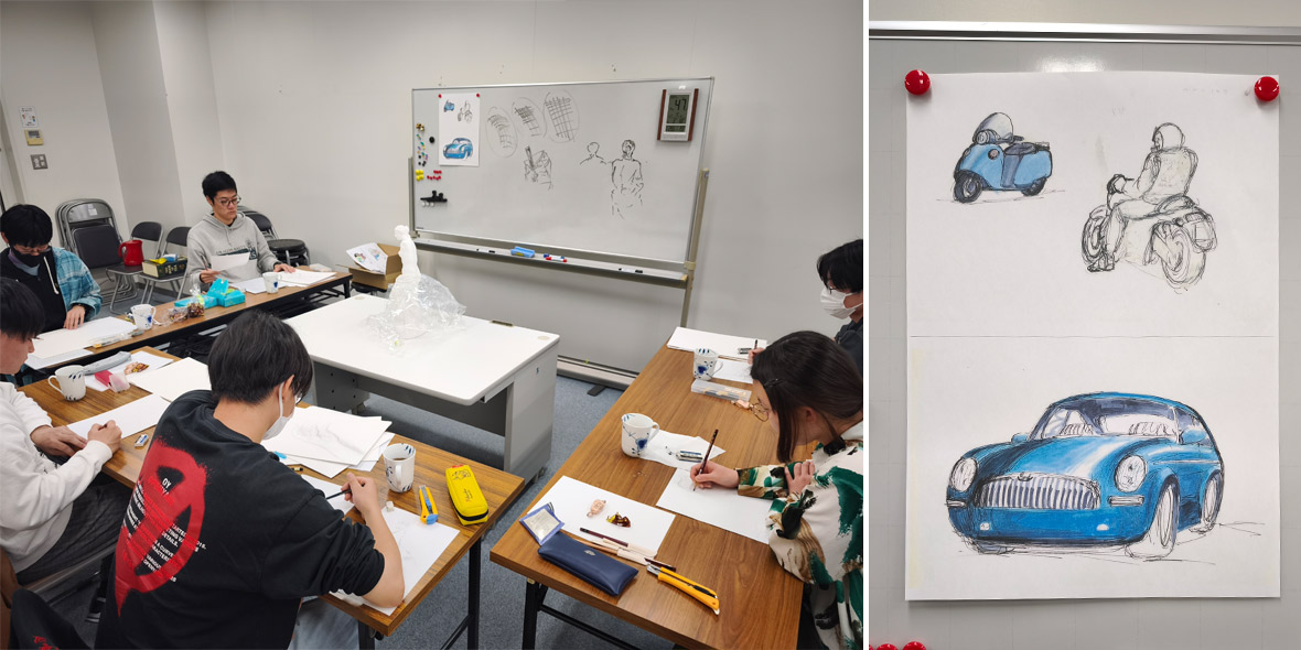 デッサン教室、大西学長の学生時代の絵に学生も関心