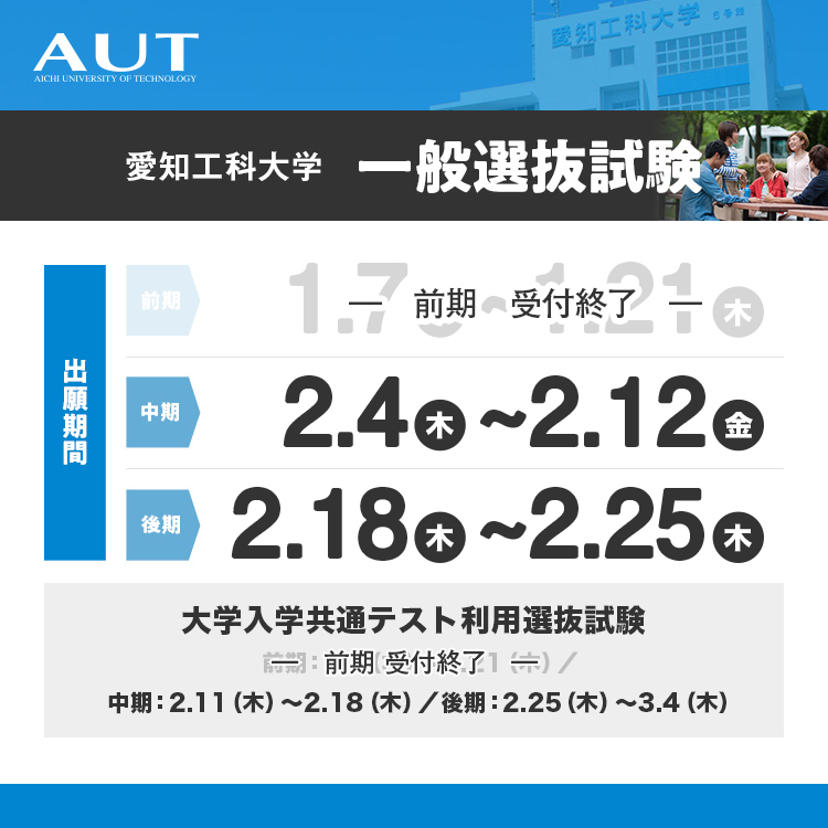 愛知工科大学　一般選抜試験 [出願期間] 前期:12.26(木)?1.24(金) 中期:2.6(木)?2.14(金) 後期:2.20(木)?2.28(金) 大学入試センター利用選抜試験 前期：12.26（木）～1.31（金）／ 中期：2.13（水）～2.21（金）／ 後期：2.27（木）～3.6（金）